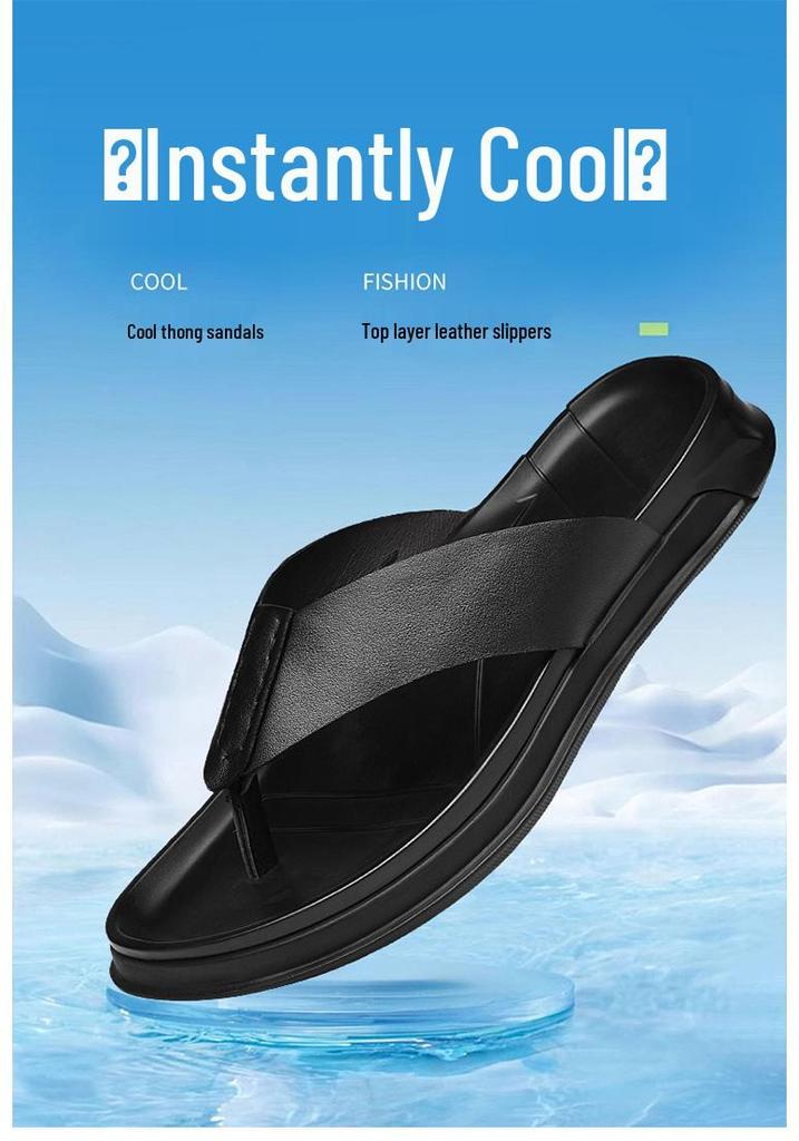 Men's Genuine Leather Summer Flip-Flops, Toe Post Beach Shoes, Lightweight & Breathable Slippers