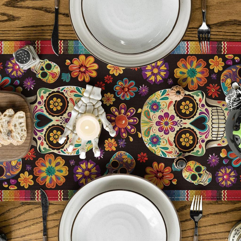 Artoid Mode Flowers Sugar Skull Mexican Day of The Dead Table Runner, Dia De Los Muertos Kitchen Dining Table Decoration for Home Party Decor 13x72