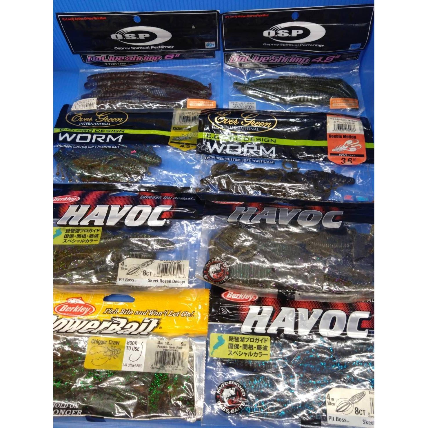 Used OSP Berkeley Evergreen Worm Set Drive Shrimp Pit Boss Kicker Bug Cigar Claw Double Motion 8 bags Assortment (03)