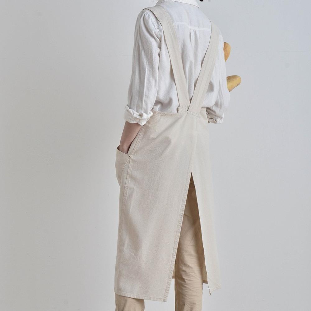 Cross Back Cotton Linen Apron with Pockets Gardening Work Apron Anti-dirty Pinafore Dress  Baking