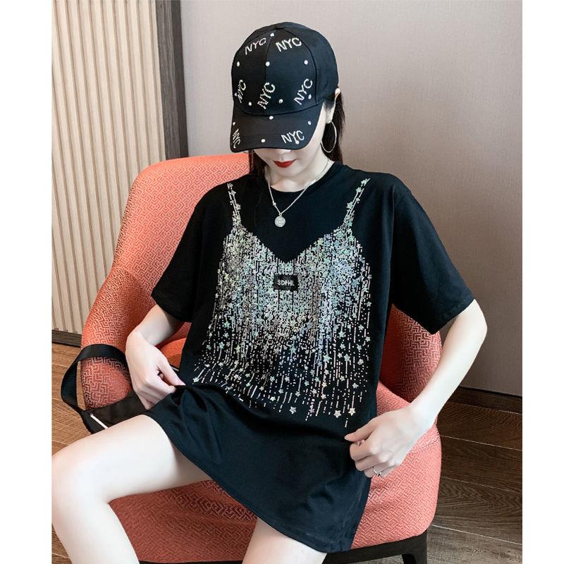 New Summer Fashion Trend Loose Fitting Casual Personality Hot Diamond Round Neck Mid Length Oversize Short Sleeved T-shirt