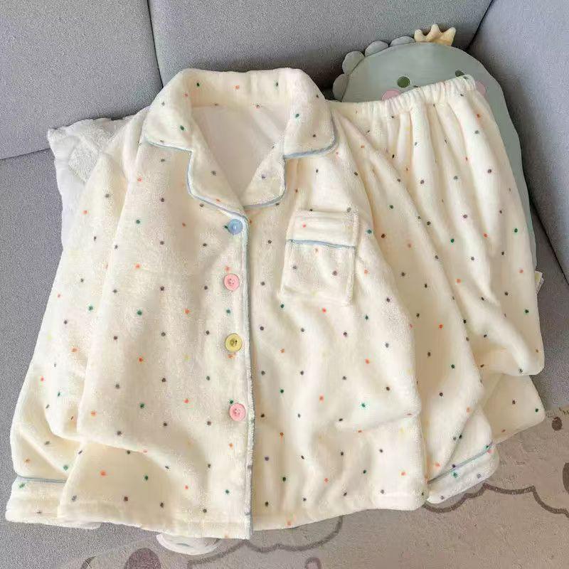 Womens Coral Fleece Pajama Set Princess Style Thick Warm Flannel Loungewear Winter