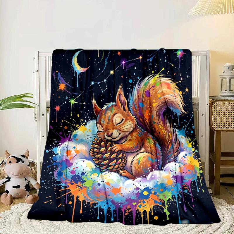 Squirrel Dreams Under Moonlight Blanket Flannel Blanket for Bed, Sofa, Camping, Hiking, Picnic Essentials, Gift for Family Fan Gifts