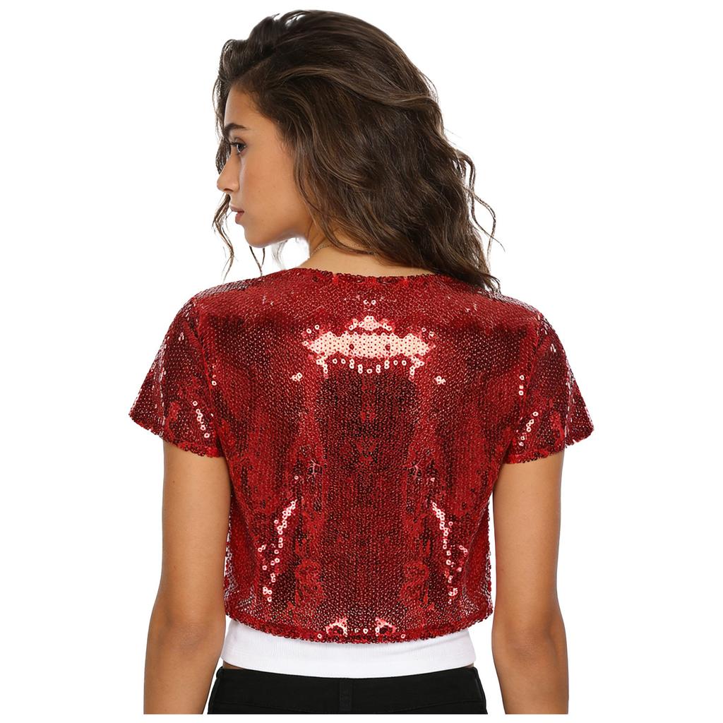 Women Sequin Cropped Jacket Glitter Waistcoat Cardigan Style Shiny Outerwear Stage Performance Costume Top