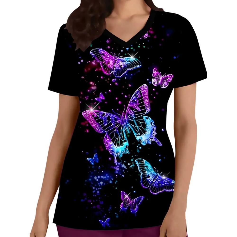 Klinisk Uniform Dame Mote Sommer V-Hals Tannlege Dame Skrubb Mikrostretch Kort Erm Sykepleieruniform Dame