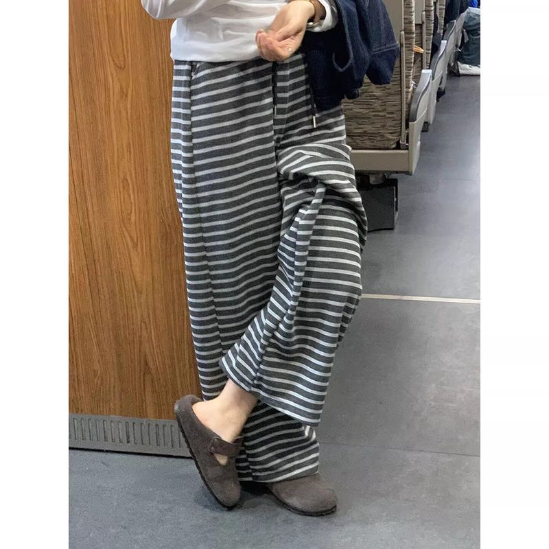 

150kg Gray Striped Wide-Leg Pants for Women, New Spring Style, Plus Size, Comfortable Loose Casual Pants Gray Pants 4XL
