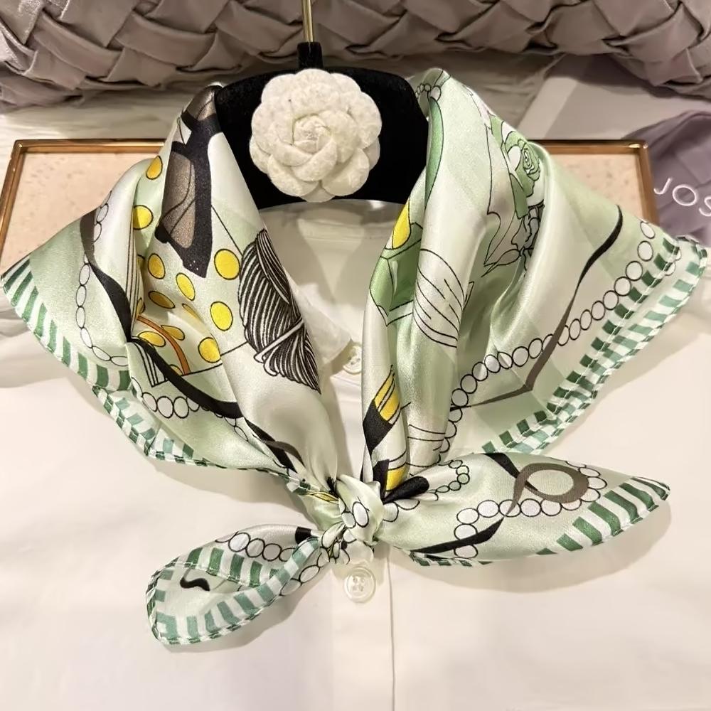 green Women 100% Mulberry Silk Scarf For Hair Headscarf Spring Fall Elegant Floral Small Silk Square Neck Scarves Neckerchief