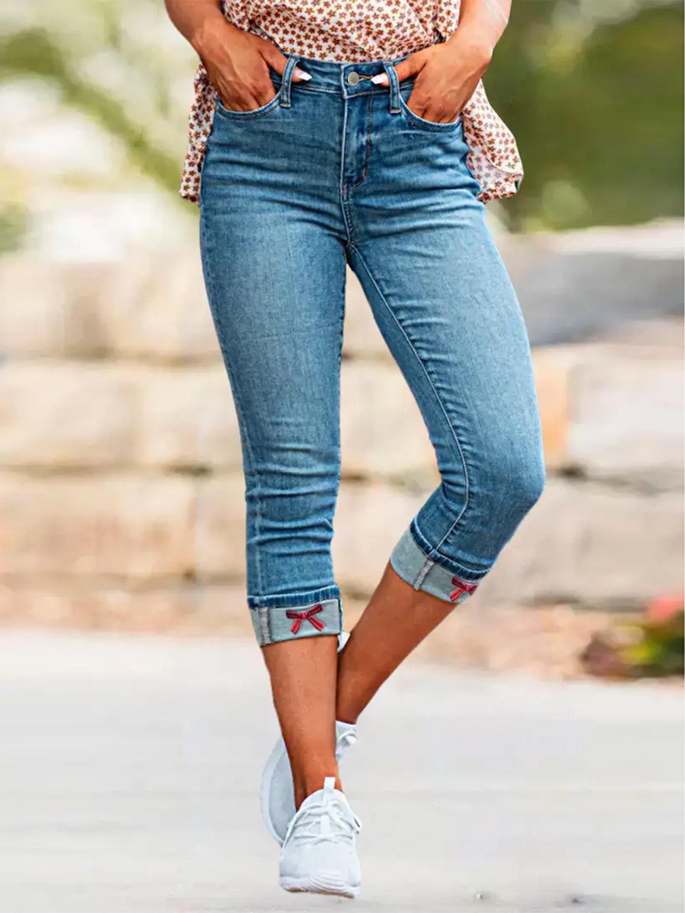 

Princess Red Thorns: Retro-Style Stretch Skinny and High-Stretch Capri Jeans M павлин голубой