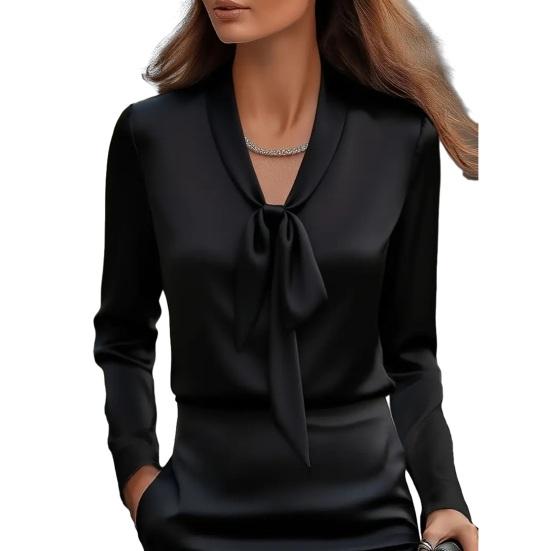 Yousheng Women Shirt V-Neck Lace-up Collar Long Sleeve Satin Texture Blouse Solid Color Regular Fit Office Lady Casual Tops