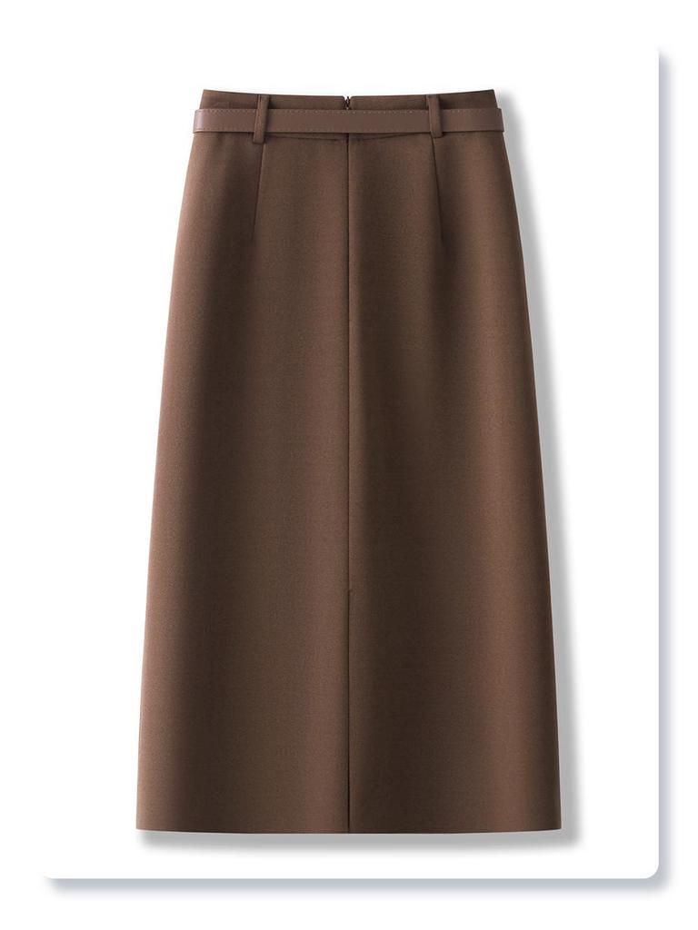 Khaki Wool Midi Bodycon Skirt for Women - 2024 Autumn/Winter New Style with Slit