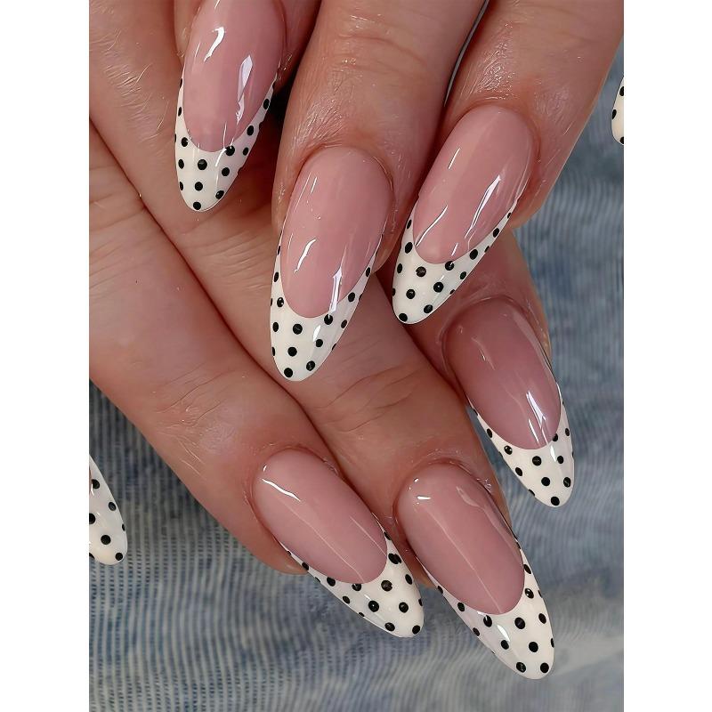 24pcs Medium Almond Shape False Nails Elegant Vintage White French-Style Press-On Nails Black White Contrasting Polka Dot Pattern Artificial Nails