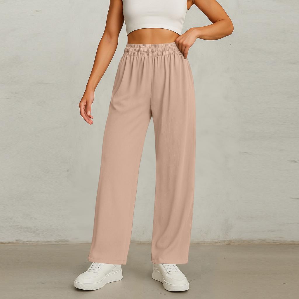 Women's Elastic Waist Wide Leg Pants Baggy Casual Stretch Palazzo Pants With Pockets