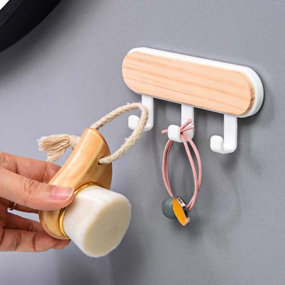 Bathroom Wood Towel Self Adhesive Toliet Wall Mounted Wall Hook Hanger Key Holder Storage Rack