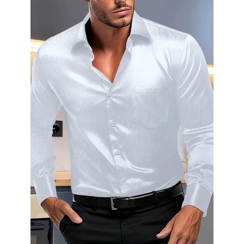 Mens Casual Solid Silk Long Sleeve Button Down Shirt S
