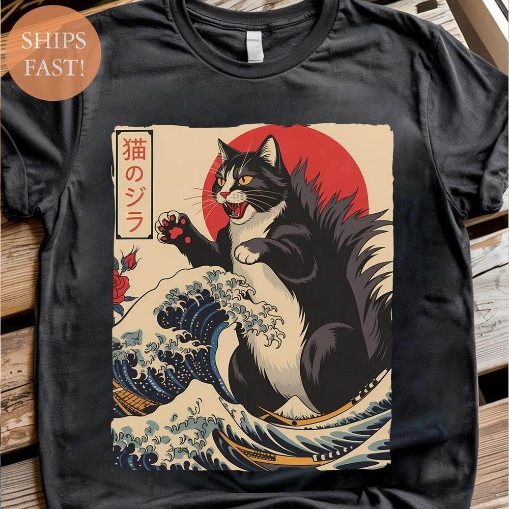 Tuxedo Catzilla Shirt, Japanese Wave Art Cat Tee, Godzilla Cat Graphic T-Shirt Unisex T-Shirt M