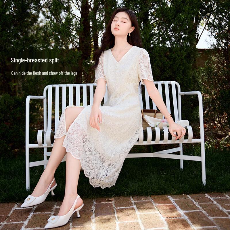 Xiangying Women's French Style Lace V-Neck Crochet Dress