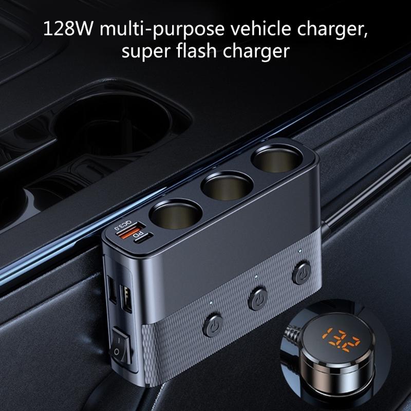 128W Car ChargerAdapter 3 Socket Splitter Charge 4 USB Ports Voltage Display with Independent Switches for Phone Tablet