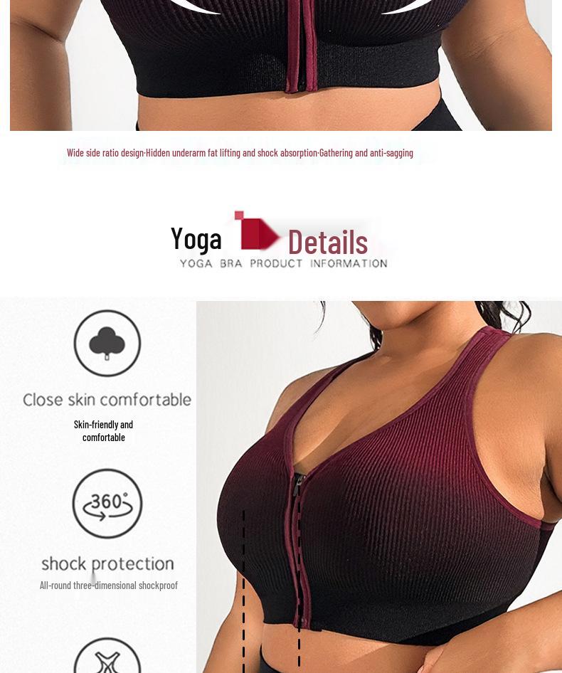 Women's Gradient Sport Shockproof Running Vest Bra with Front Zipper for Fitness & Yoga