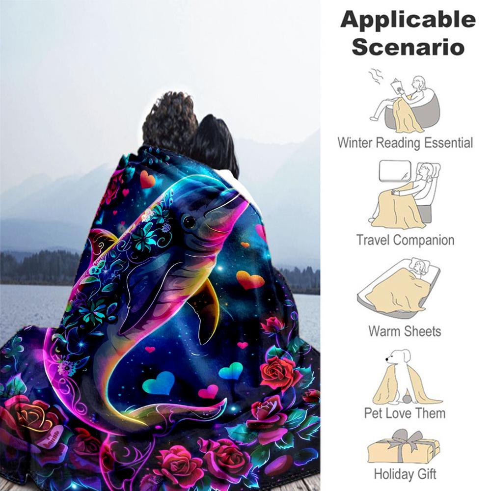 1pc Dolphin Flowers Flannel Blanket, Comfortable and Warm Blanket, for Camping Sofa Bed and Couch Office018