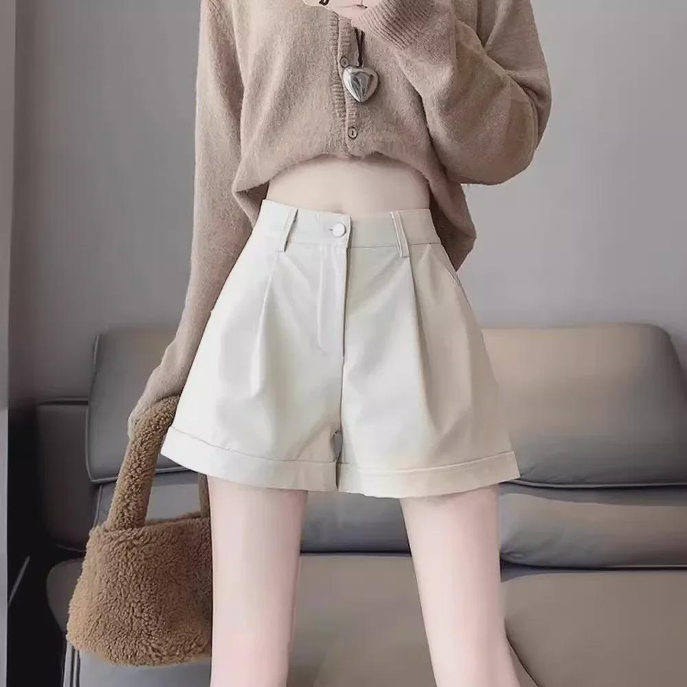 

Женские шорты из искусственной кожи с высокой талией — облегающие, свободный крой, широкие штанины, повседневные, на весну, осень, зиму, в американском стиле. 2XL абрикосовый