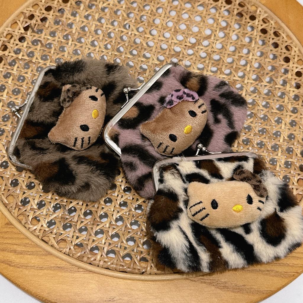 Cute Fresh and Sweet Kitty Leopard Print Coin Purse Plush Carry Bluetooth Headphone Bag KT Cat Makeup Bag Storage Bag