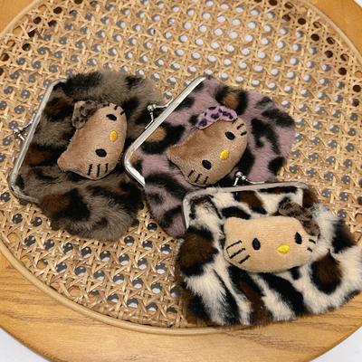 Cute Fresh and Sweet Kitty Leopard Print Coin Purse Plush Carry Bluetooth Headphone Bag KT Cat Makeup Bag Storage Bag