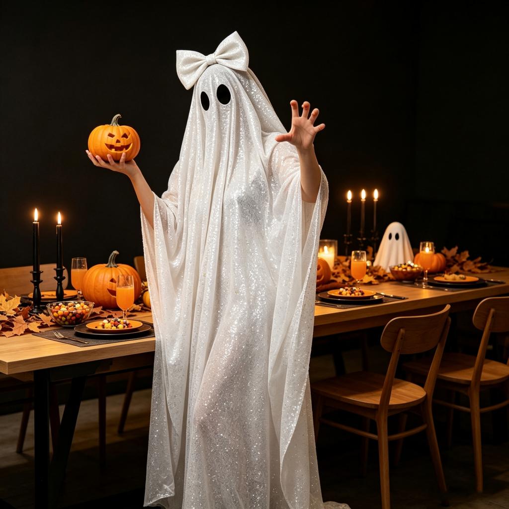Women Halloween Ghost Costume Sparkly Glittery Ghost Robe Outfit for Halloween Party Fancy Robe Fancy Dress for Cosplay