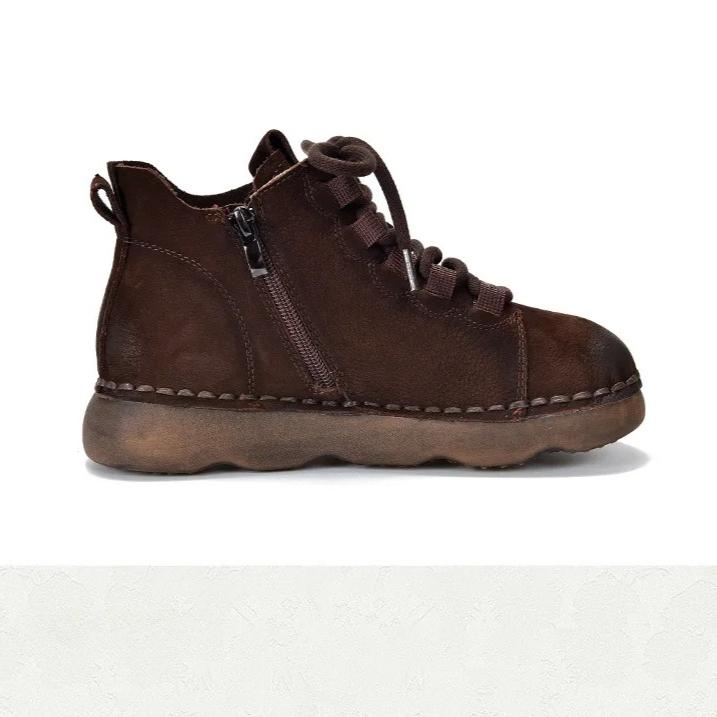 Johnature Scarpe da Donna in Vera Pelle Morbida Pelle Bovina Punta Rotonda Retro Stivaletti Bassi Piatti con Suola Morbida