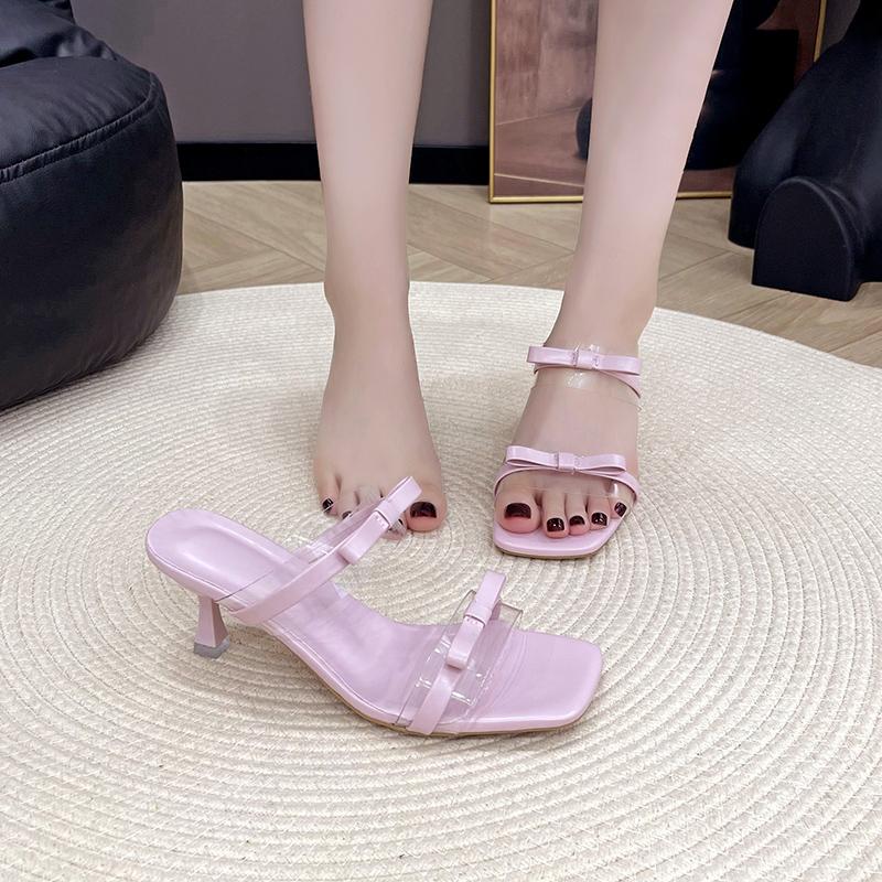 Fashion Bow Flip Slippers Women Summer Outside Wear New Square Toe Open Toe with Skirt Crystal High Heel Sandal Slippers