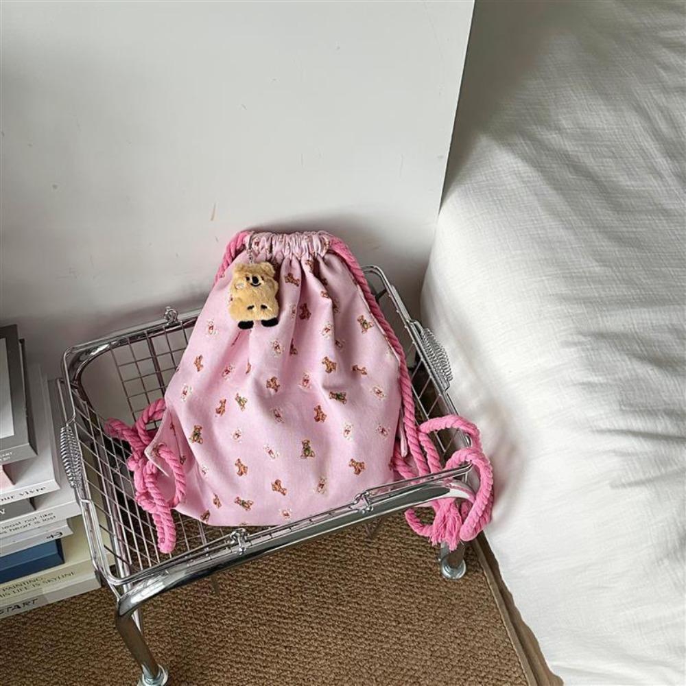 New Cute Print Little Bear Backpack Solid Color Drawstring Backpack Storage Bag
