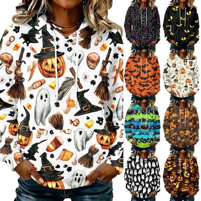 Women's Long Sleeve Halloween Print Hooded Sweatshirt for Party and Casual Wear