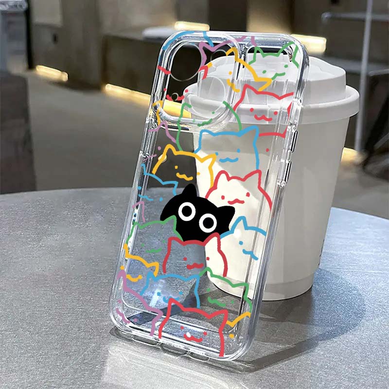 

Colorful Doodle Cats Black Cat Peeking Clear Phone Case for iPhone 17 16 15 14 13 12 11 16E Series Pro Max Plus iphone 15 Plus