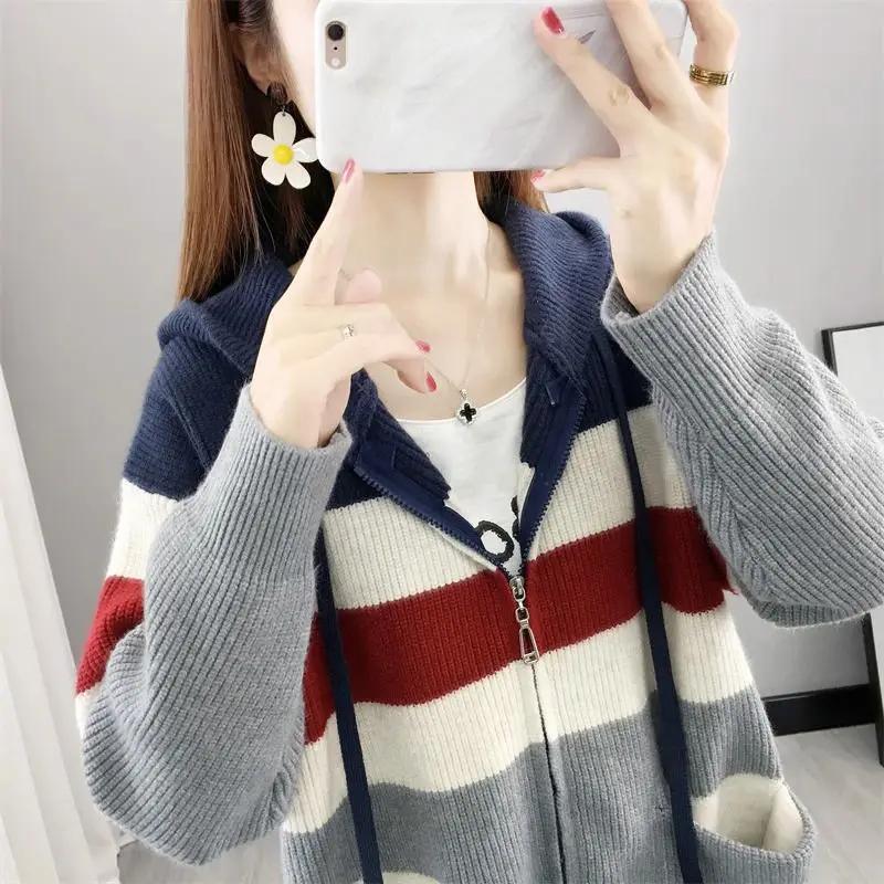 Women's Color Blocked Knit Sweater Jacket Lazy Style Casual Zipper Hooded Cardigan