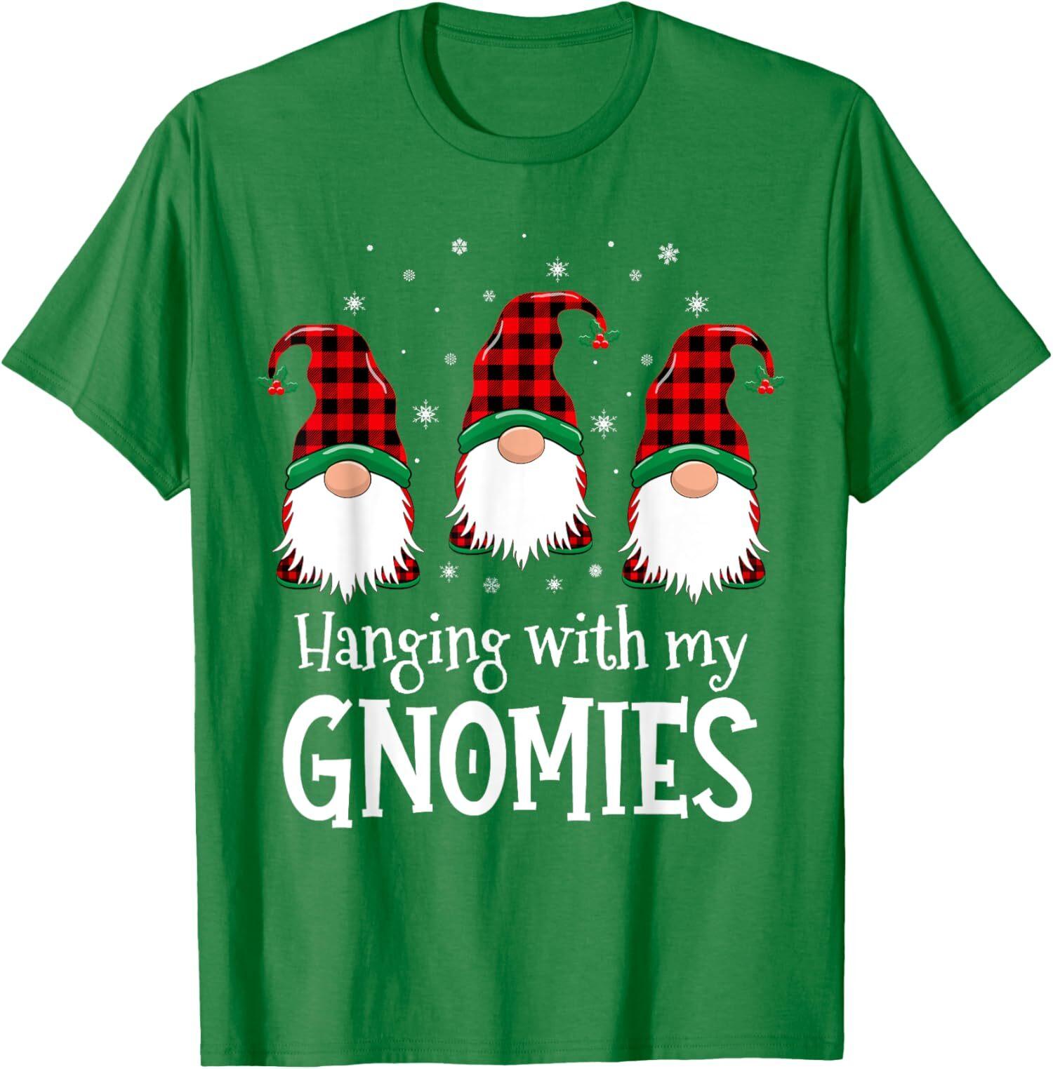 Hanging With My Gnomies Funny Plaid Christmas Gnome Unisex T-shirt M