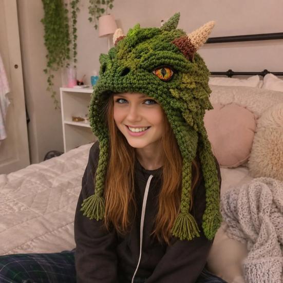 Crochet Starter Kit Fantasy Hood Kit, Cute Animal Hat DIY Dragon Unicorn Creative Gift for Crafters Skull Earflap Craft Adults, Handmade Halloween