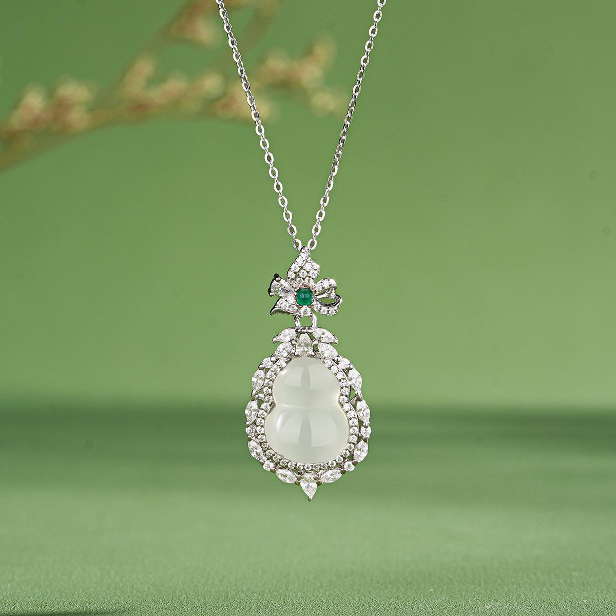Tichiya White Chalcedony Gourd Necklace for Women - S925 Sterling Silver, New Chinese Style, Auspicious Fu Lu Design S925 Silver