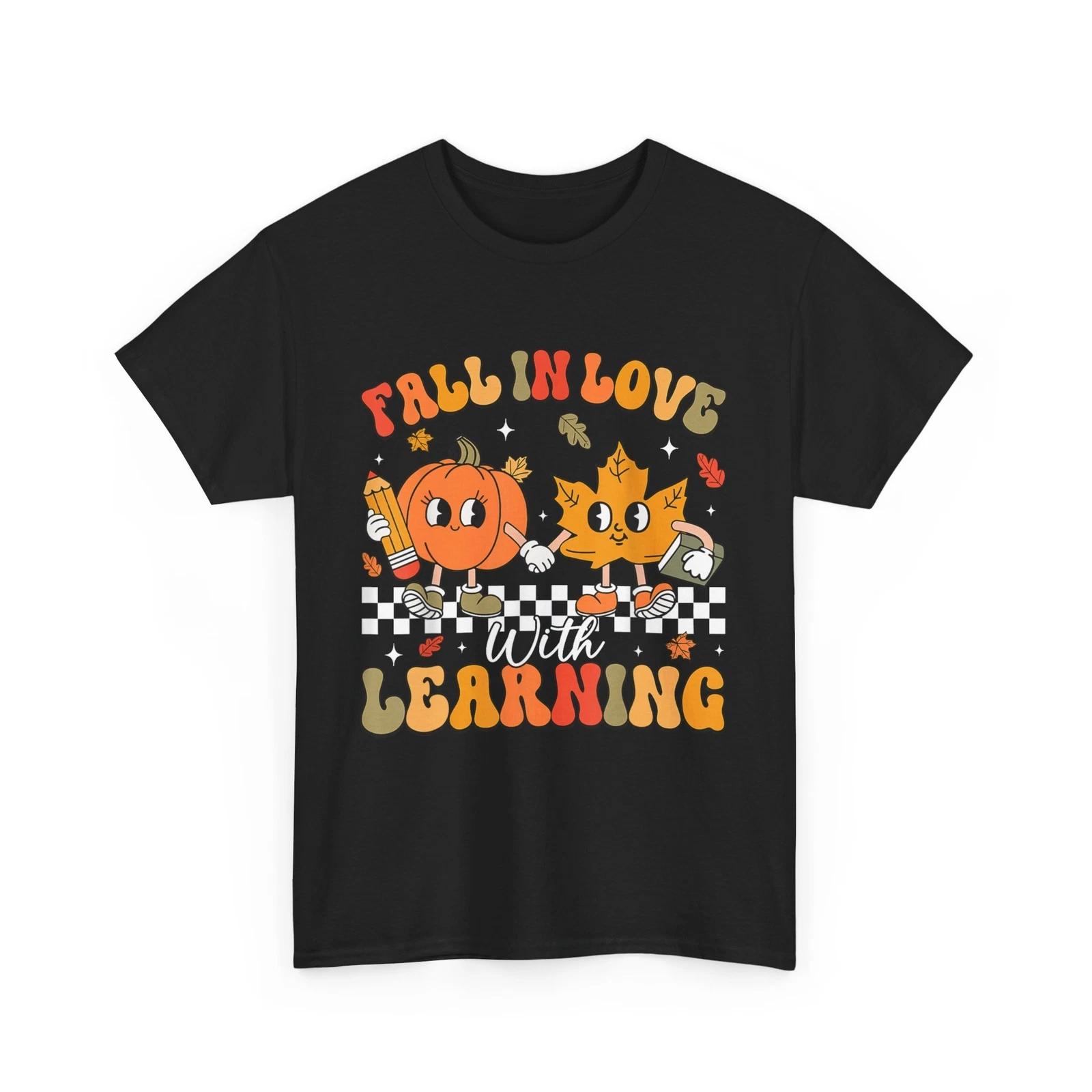 Retro Fall In Love With Learning Autumn Pumpkin Teacher T-Shirt 4XL