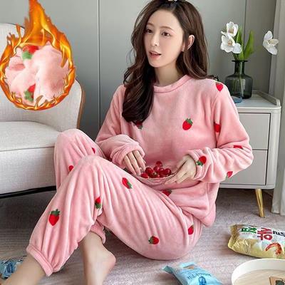 Women Warm Flannel Pajamas Long-sleeved Coral Fleece Sleepwear