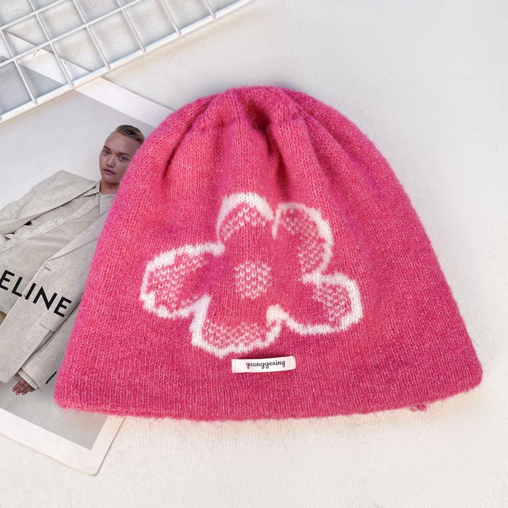 Spring and Autumn Warm Ear Protection Flower Big Head Circumference Knitted Wool Pile Hat Woman