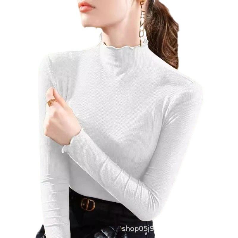 

Женская облегающая футболка с высоким воротником и длинными рукавами, отделанная ушками, для осени и зимы M белый