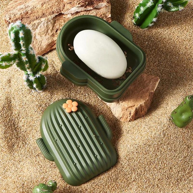 1pcs Holder Bathroom Storage Travel Portable Waterproof Soap CaseCreative Soap Box Cactus Shape Laundry Soap Sponge Dish