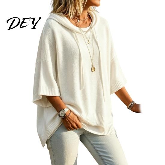 Casual Hooded Sweater Autumn Women Knit Pullover Sweater, Loose Fit Drawstring 3/4 Sleeve Drop Shoulder Solid Color Winter
