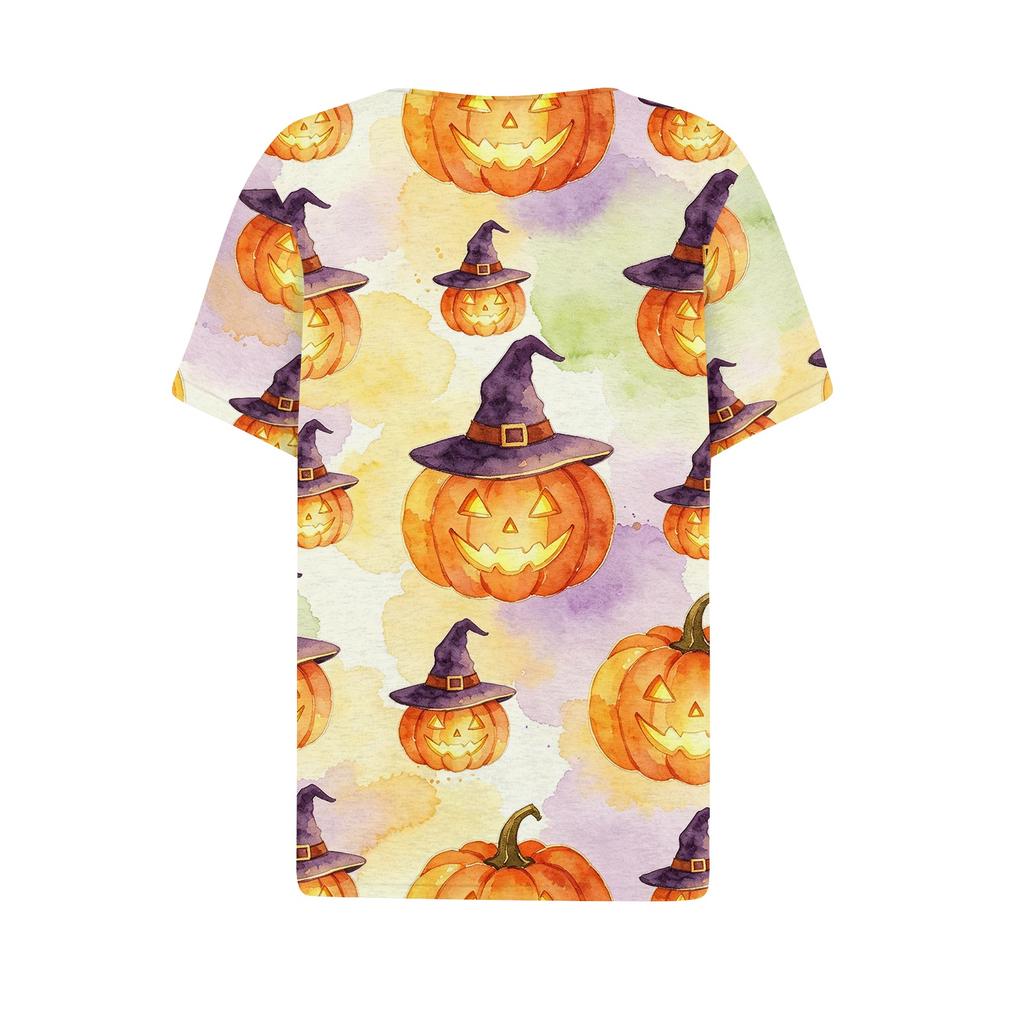 Women's Casual V-Neck Short Sleeve Button Front T-Shirt with Halloween Print