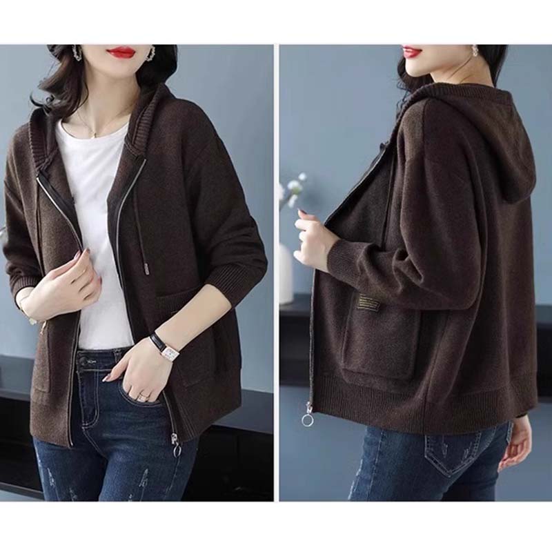 Cárdigan de Punto de Lana con Capucha de Color Sólido Otoño Mujeres Suéter de Manga Larga Holgado Cremallera Prendas de Punto Abrigo