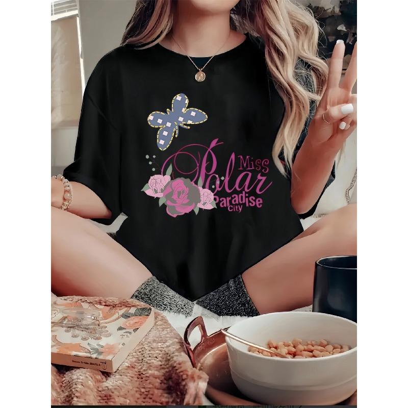 

European sizes Fashion Women S Sports Short Sleeve T-Shirt | Butterfly and Rose Pattern with Miss Polar Paradise City Text, Comfortable Crew Neck 4XL чорний