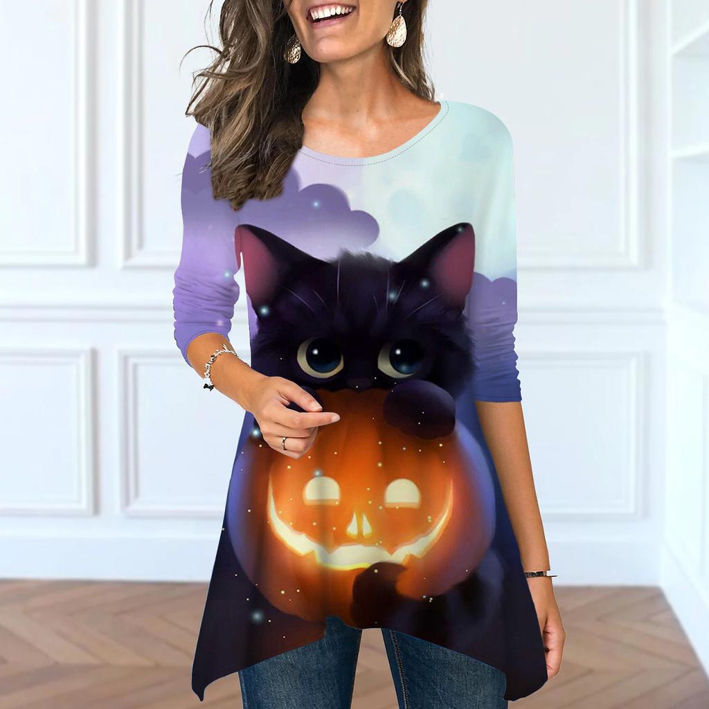 Women Spring O Neck Black Cat Print Tops Fashion Long-sleeved Irregular Hem T-shirt Tops
