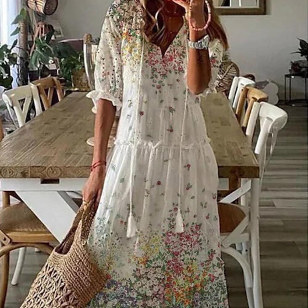 Summer Women V-neck Short Sleeved Long Dress Elegant Flower Printed Women's Loose Dress Bohemian Style Women's Clothing