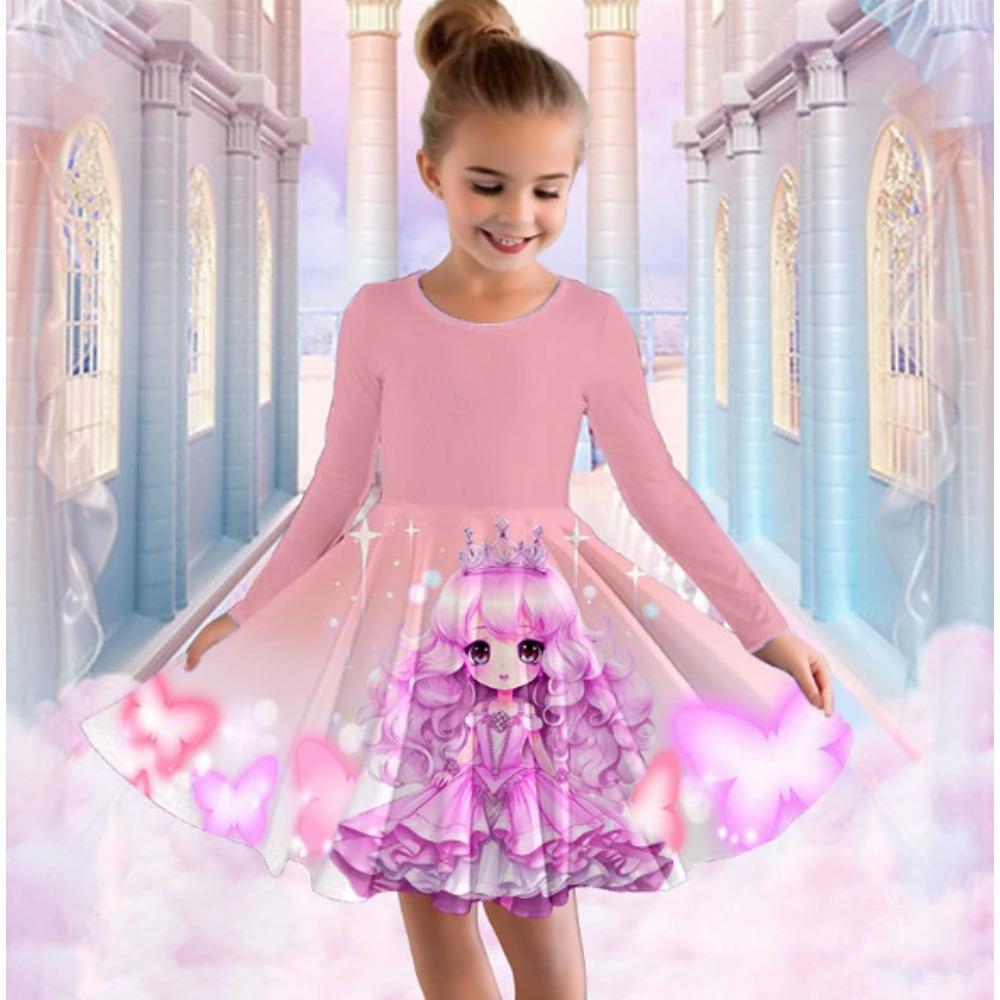 Vestito Casual da Bambina con Stampa 3D, Girocollo, Manica Lunga, Vestito da Principessa per Bambini