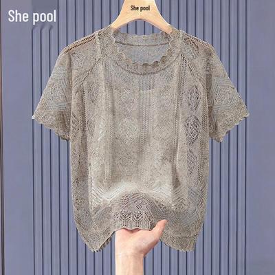 Top lavorato a maglia da donna con scollo rotondo, maniche corte, misto lino e lana