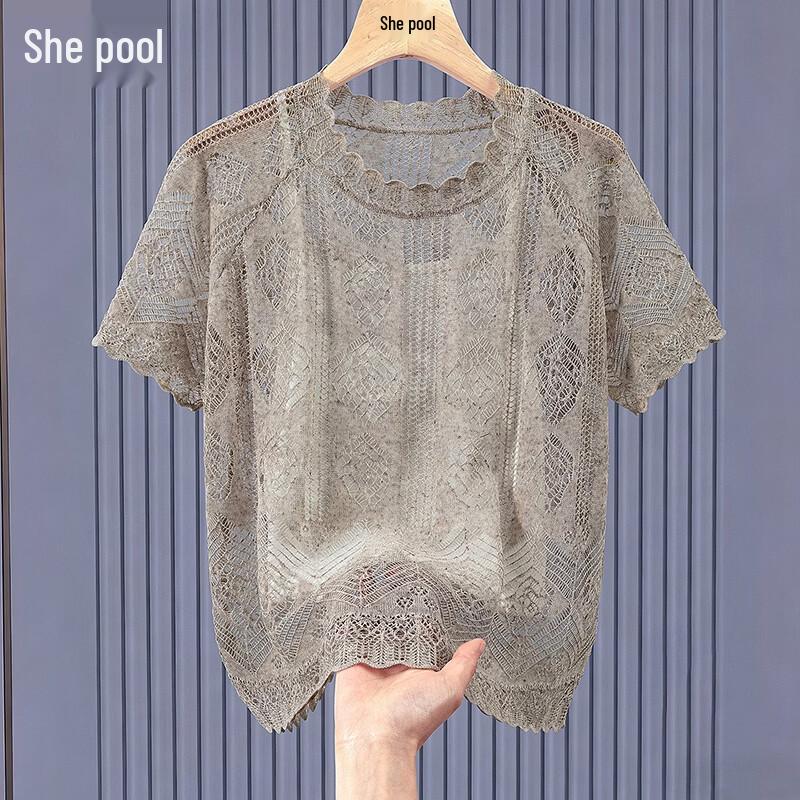 Women s Linen Wool Blend Round Neck Short Sleeve Knit Top One Size